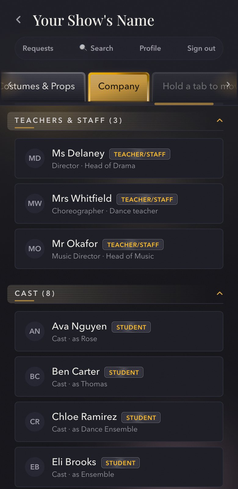 A school's Company tab on a phone — the teachers and staff, then the cast