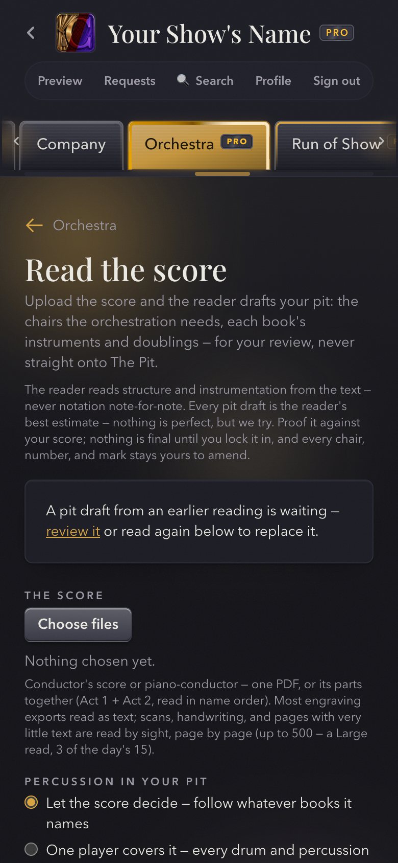 Read the score — the reader asks about percussion before it drafts the pit